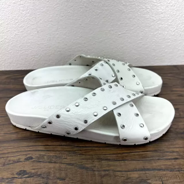 J/Slides Womens Size 7.5 Sandals White Leather Studded Cross Strap Comfort Flats