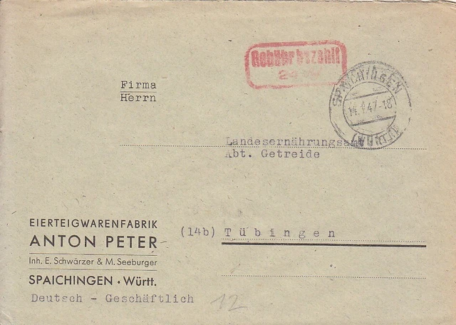 F.Zone - SPAICHINGEN  (WÜRTT.) - Gebühr bezahlt - Brief - 1947