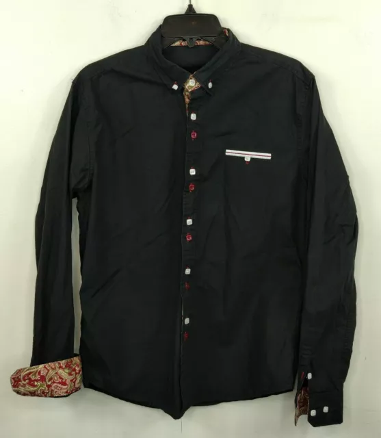 Coofandy Mens Button Down Long Sleeve Shirt Black w/Burgandy Paisley Medium