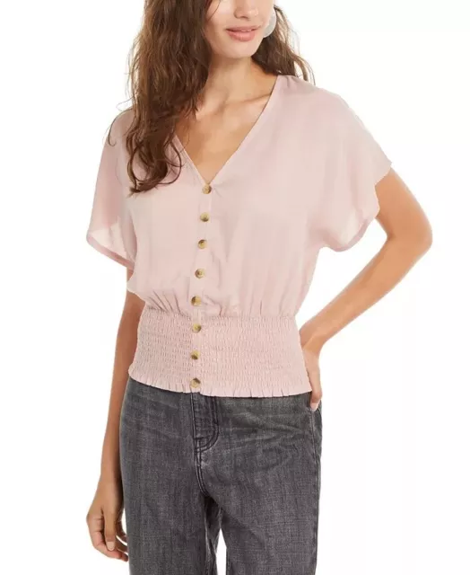 Planet Gold Juniors' Button-Up Smocked Top Pink Size Large