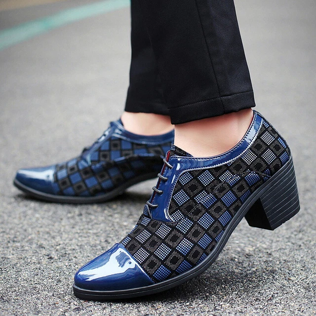 PATENT LEATHER MID Cuban Heel Shoes Mens Pointed toe Lace up