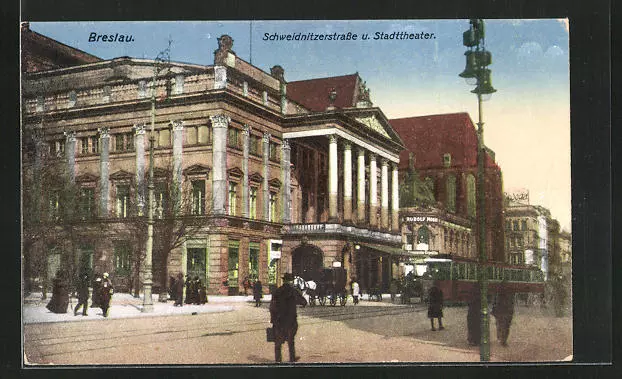 AK Breslau, Schweidnitzerstrasse mit Geschäften und Stadttheater, Strassenbahn
