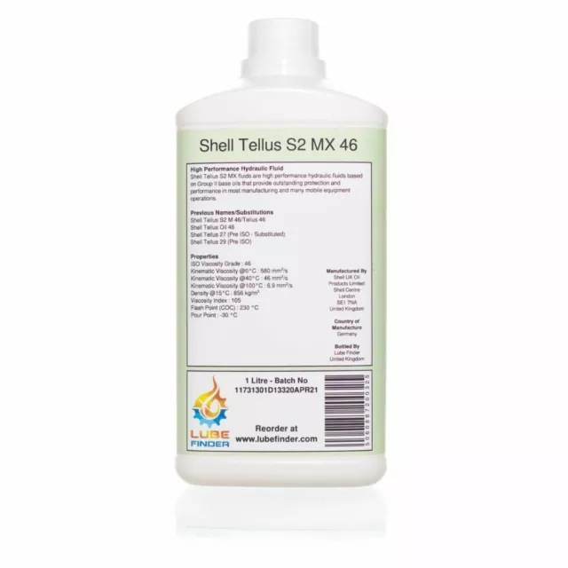 1L Shell Tellus S2 MX 46 (Tellus 27/29) ISO VG 46 Hydraulic Fluid Oil