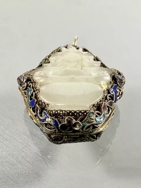 Antique Chinese Silver Gold Gilt Filigree Carved Jade  Enamel Reversible Pendant 3