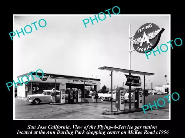 Old Large Historic Photo Of San Jose California Flying A Service Station 1956