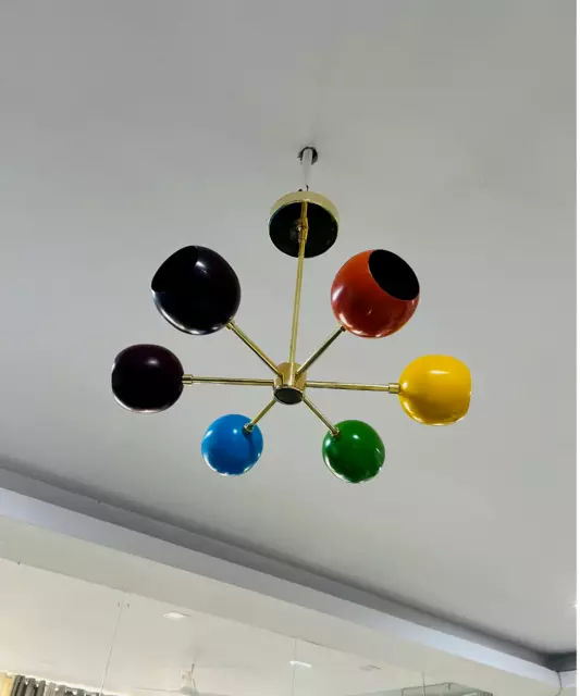 Mid Century Modern Brass 6 Arm Multi Color Sputnik Chandelier Light Fixture