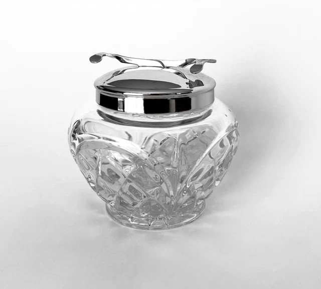 VINTAGE GLASS SUGAR Cube Bowl With Chrome Lid And Integral Mechanical