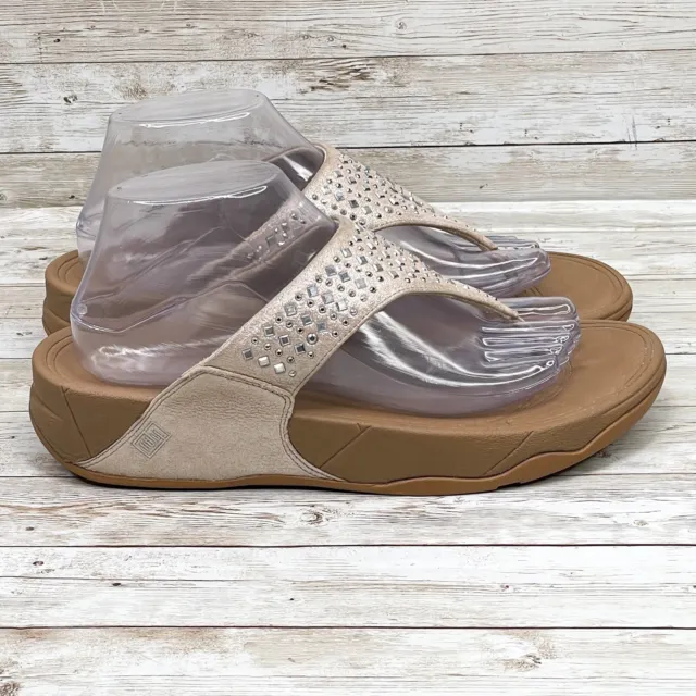 Fitflop Novy Sandals Womens 9 Studded Thong Wedge Flip Flop Beige Comfort Shoes