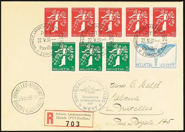 24443) Schweiz Luftpost W24, 1 Brief 1939 SWISSAIR EUROPAFLUG WEST nach Brüssel