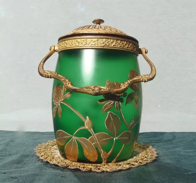 Ancien Pot A Biscuit Epoque Art Nouveau Decor Or De Trefles Sur Fond Vert