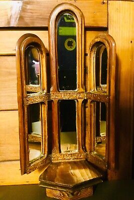 Antique Carved Wooden Three Mirror Panel Wall/Table Candlestick Candle Holder