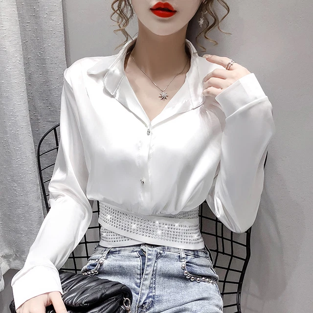 Chemisier Femme Satin Faux Soie Avec Dentelle Et Ruché - Style Rétro Lolita, Manches Longues, Multicolore