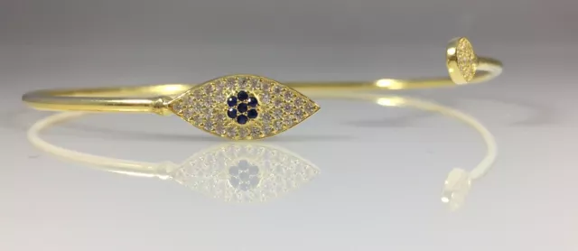 Lucky Eye Bangle Bracelet 18kt Gold Overlay Sterling Silver Pave Cz & Sapphire
