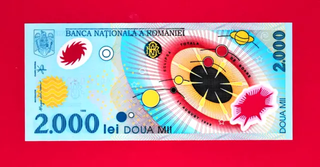 EUROPE 1st Polymer UNC Note: 2000 Lei 1999 (P-111b) ROMANIA Eclipse Solar System