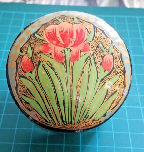 Vtg Hand Crafted Round Shaped Trinket Jewelry Box Paper Lacquered Kashmir India