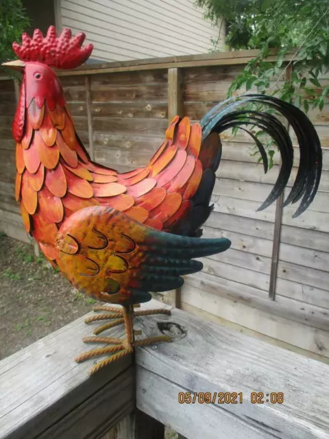 Large Metal Rooster Chicken Folk Art Figurine 19" Tall x 4.2 Lbs.