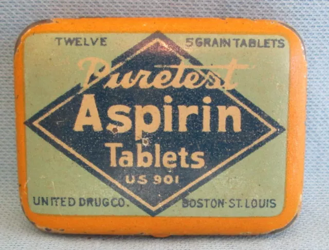 Vintage PURETEST ASPIRIN TABLETS Advertising Storage Pocket TIN ~ Rexall Stores