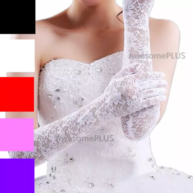 Women Wedding Bridal Bride Gloves Evening Party Dance Lace Finger Floral Long US