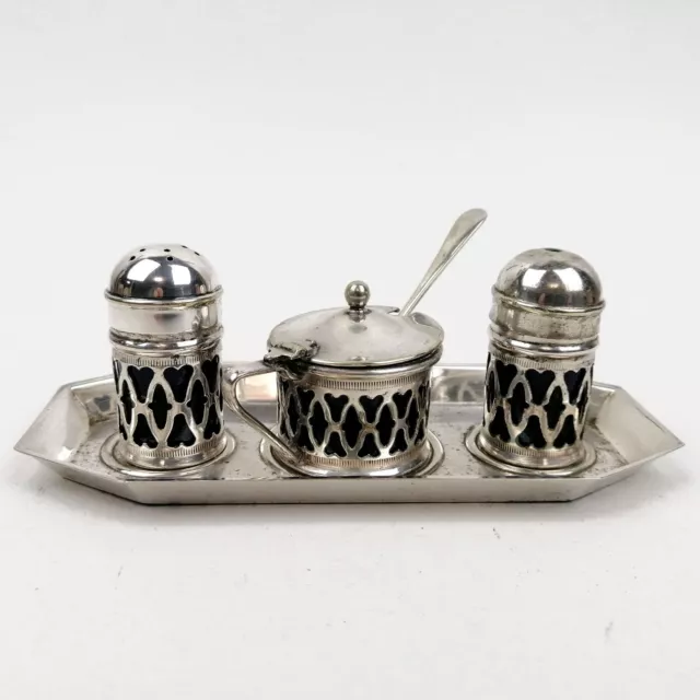 ANTIQUE c.1900 Victorian SILVER Plated CRUET SET: Mustard, Salt & Pepper Pots