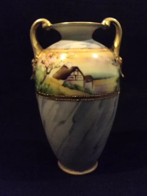 VINTAGE NIPPON HANDLED URN VASE, HAND ENAMELED w/ JEWELS & GILT ACCENTS
