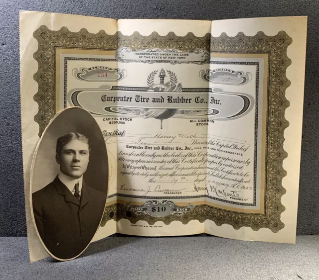 CARPENTER TIRE AND RUBBER CO. INC.  STOCK CERTIFICATE, 1922 Henry Wick 10 Shares