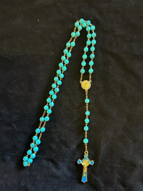 *NEW* Aqua Crystal Glass ROSARY Beads Necklace With Crucifix