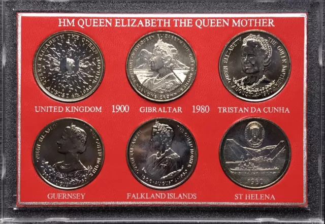 UK & 5 British Territories 1980 6x Crown Coin Set ~ Queen Mother 80th B'Day Case