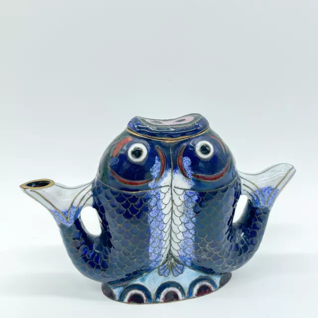 Vintage Chinese Blue Enamel Cloisonne Double Koi Fish Teapot Wine Water Rare