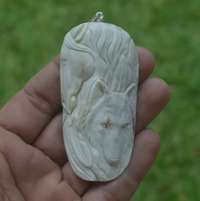 Horse Wolf Carving 73x37mm Pendant P4940 w/ Silver in Antler Hand Carved