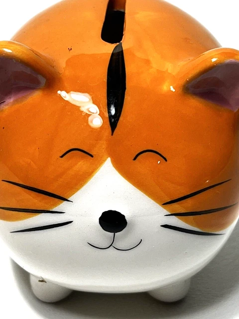 Cat Lady Orange White Black Smiling Tabby Cat Ceramic Coin Bank