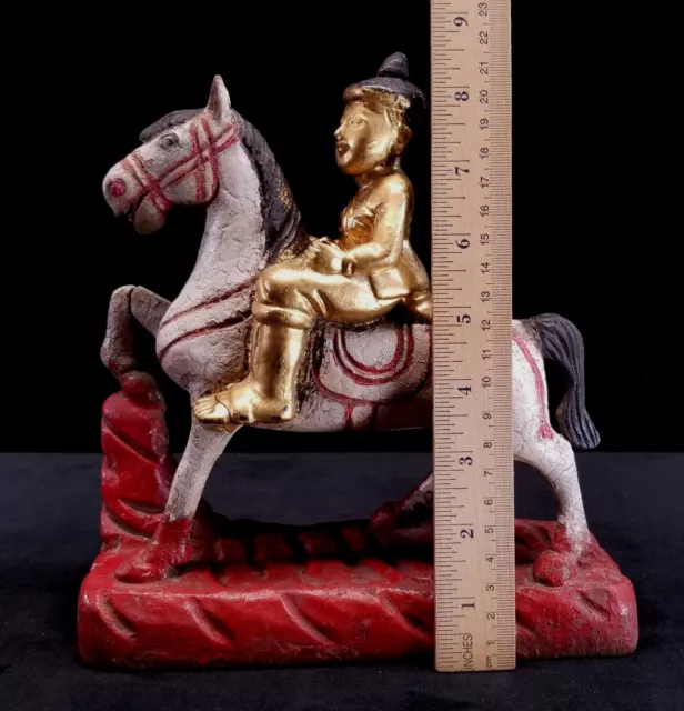 Vintage Burma Myanmar Hand Carved & Painted Gilded Nat Warrior Figure On Horse 4