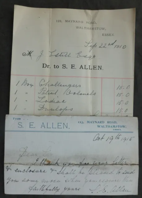 1910, Billhead, & Card, Walthamstow ( S. E. ALLEN - GOLF BALLS ) Essex, Maynard