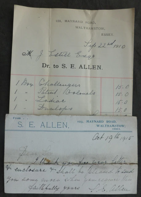 1910, Billhead, & Card, Walthamstow ( S. E. ALLEN - GOLF BALLS ) Essex, Maynard 1910, Billhead, & Card, Walthamstow ( S. E. ALLEN - GOLF BALLS ) Essex, Maynard