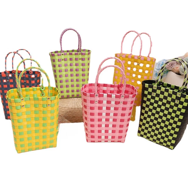 fresh color plaid plastic basket bag small square woven bag hand carry straw bag