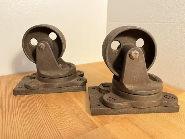 2 Vintage Swivel Cast Iron Approx 3" Casters Industrial Steampunk BOSS 391