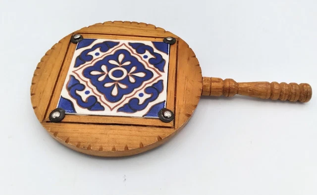 Mexico Tile Marked Dal-Monte  Trivet Blue,White & Brown Wood Framed 7” w/Handle