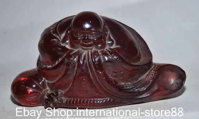 7.2" Old Chinese Red Amber Carving Feng Shui Happy Laugh Maitreya Buddha Statue