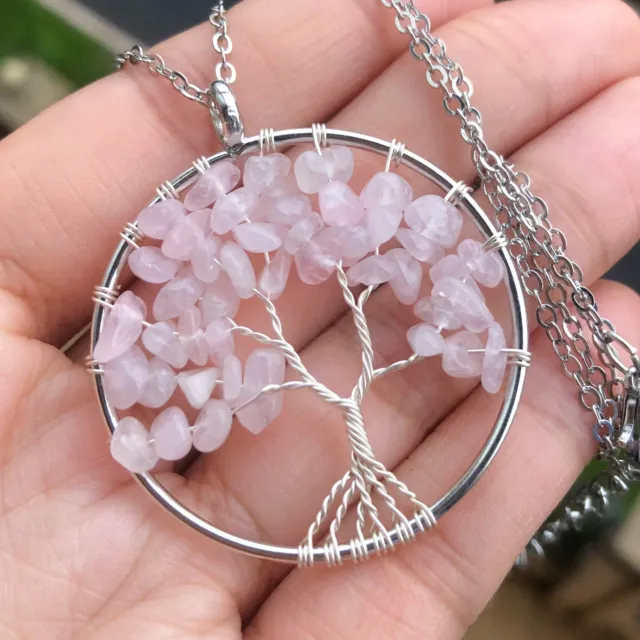 Natural Rose Quartz Gems Tree Of Life Necklace Chakra Reiki Healing Amulet