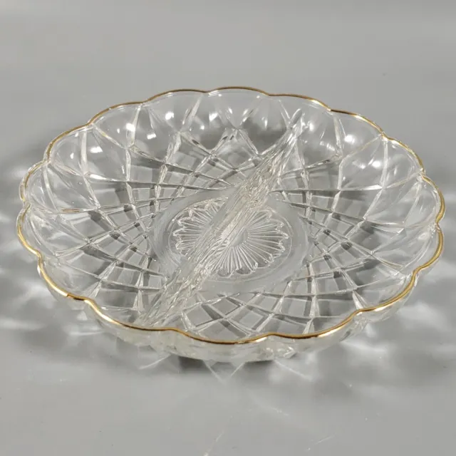 Vintage Hazel Atlas Clear Criss Cross Divided Pressed Glass Dish Gold Trim