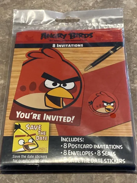 8 Angry Birds Birthday Party Invitations with Seals & Save the Date Stickers Red