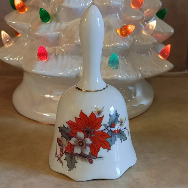 Vintage Christmas Poinsettia Bell Ceramic 5" White