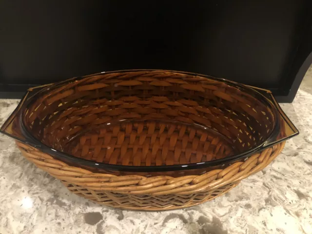 Arcopal France Brown Amber -Brown Glass Oval Casserole Dish Wicker Basket Server