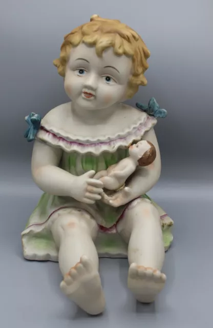 Tres Grande Figurine 30 Cm Poupee Enfant Fillette Bebe En Biscuit Polychrome #2