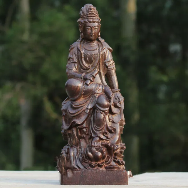 9.4" Chinese Guan Yin Wood Hand-carved Buddhism Kwan-yin Goddess Buddha Statue