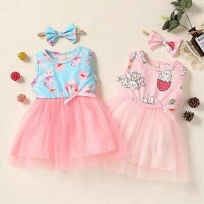 Toddler Girls Cartoon Rabbit Printed Tulle Princess Tank Dress Headband Outfits
