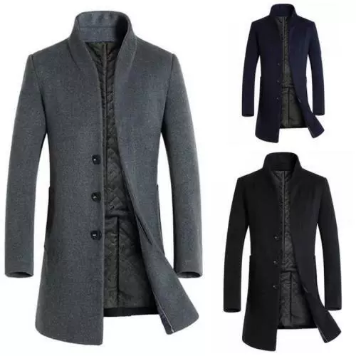 Winter Mens Trench Coat Faux Wool Single Breasted Thick Warm Business Outwear L