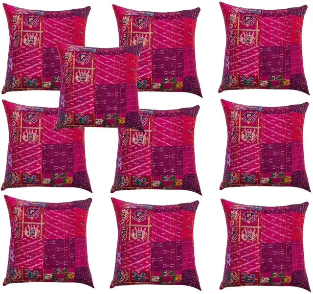 Indian Vintage Silk Patola Sari Kantha Cushion Cover Decor Throw Sofa Case 16 IN