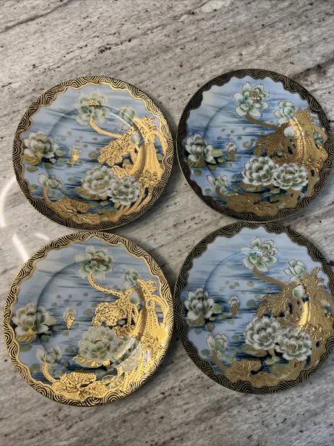 4 IE&C Co Yuan Dynasty? Hand Painted Water Lily Raised Beaded Gold 7 1/4” Plate