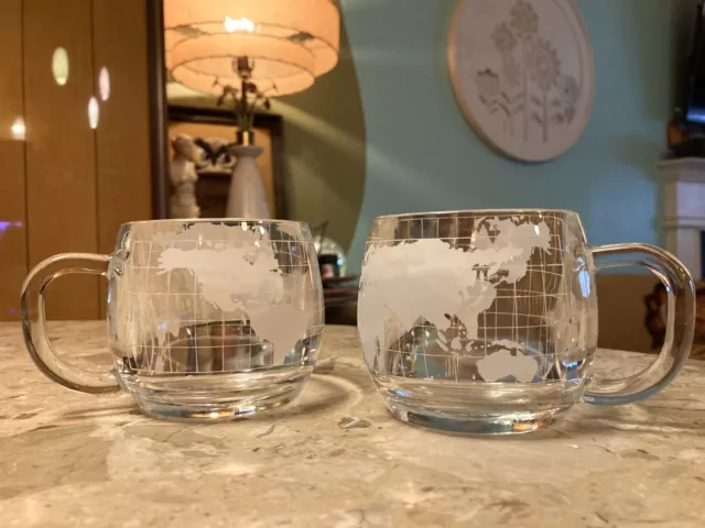 Vtg Nestle World Globe Mugs Nescafe Etched Glass World Map Coffee Tea  Set of 2