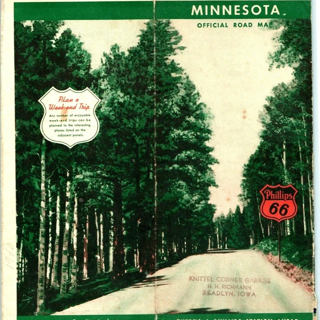 1946 Readlyn, IA Knittel Corner Garage Phillips 66 Minnesota Road Map Gousha 1O